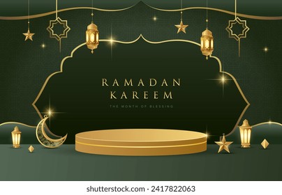 Ramadan Kareem design on green Islamic background with gold ornament star, moon, lanterns and gold podium. Suitable for raya and ramadan template concept.