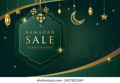 Ramadan Kareem design on green Islamic background with gold ornament star, moon, mosque, ketupat and lanterns. Suitable for raya and ramadan template concept.