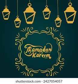 Ramadan Kareem design on green and gold Islamic background with gold lanterns.Suitable for  banner,poster,cards,menu,Ramadan template.Illustration eps10