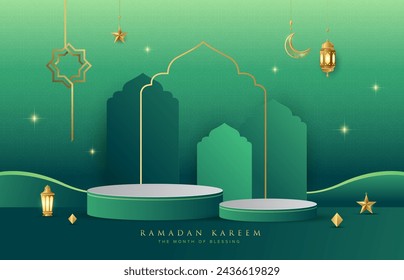 Ramadan Kareem design on green Islamic background with gold ornament star, moon, lanterns and podium. Suitable for raya and ramadan template concept.