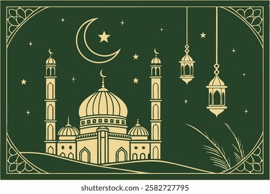 Ramadan Kareem design on green Islamic background with gold ornament star, moon, mosque, lanterns and ketupat. Suitable for raya and Ramadan template concept.