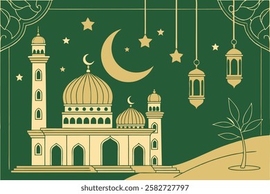 Ramadan Kareem design on green Islamic background with gold ornament star, moon, mosque, lanterns and ketupat. Suitable for raya and Ramadan template 