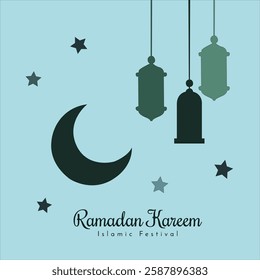Ramadan Kareem design on green Islamic background with ornament star, moon, mosque, lanterns and islamic elements. Suitable for raya and ramadan template concept.