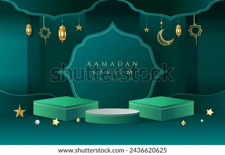 Ramadan Kareem design on green Islamic background with gold ornament star, moon, lanterns and green podium. Suitable for raya and ramadan template concept. [[stock_photo]] © 