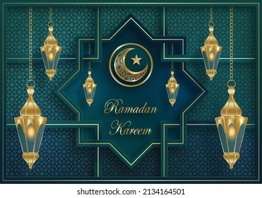 Ramadan Kareem design on Islamic background with gold pattern on paper color background (translation : Ramadan Kareem)