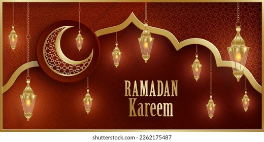 Ramadan Kareem design on Islamic background with gold pattern on paper color backgroung (translation : Ramadan Kareem)