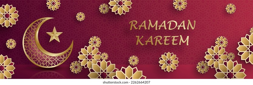 Ramadan Kareem design on Islamic background with gold pattern on paper color backgroung (translation : Ramadan Kareem)