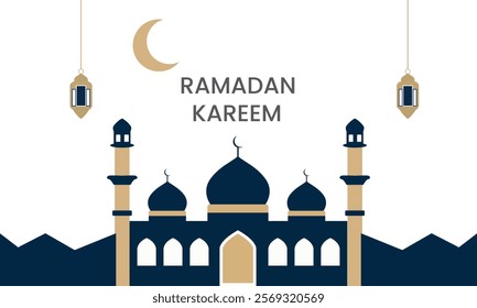 Ramadan Kareem design on white Islamic background with gold ornament, moon, mosque, and lanterns. Suitable for raya and ramadan template concept.