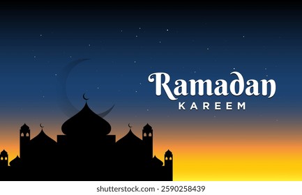 Ramadan Kareem Design with panoramic night view. Islamic greeting card for Ramadan celebration. Crescent moon and star.