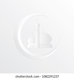 ramadan kareem design, paper art  mosque and moon white background