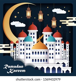 Ramadan Kareem design in paper art style with hanging lantern or fanoos and crescent behind mosque
