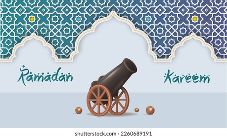 Ramadan Kareem Design Poster with 3D Realistic Cannon Vector Illustration.