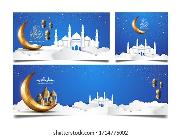 Ramadan Kareem design set. Ramadan illustration with golden moon and lantern on sky blue background for Holy month Ramadan celebration. Calligraphy mean Ramadan Kareem