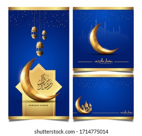 Ramadan Kareem design set. Ramadan illustration with golden moon and lantern blue background for Holy month Ramadan celebration. Calligraphy mean Ramadan Kareem