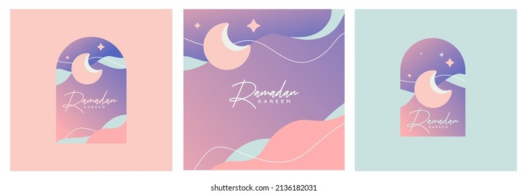 Ramadan Kareem design Set in modern art style in pastel colors. Abstract art templates with sand dunes, moon and stars against the sky. Poster, cover, card, banner for website or social media