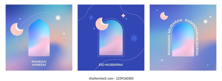 Ramadan Kareem design Set in modern abstract style with color gradients. Eid Mubarak templates with sand dunes, moon and stars against the sky. Poster, cover, card, banner for website or social media