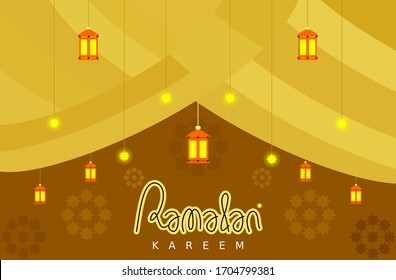 Ramadan kareem with the design of several bright lanterns, Ramadan Mubarak with a brown or gold design for the iftar party