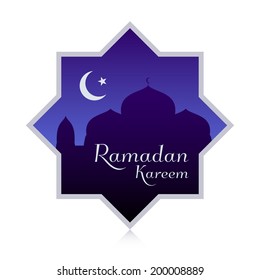 Ramadan Kareem design showing mosque silhouette with moon and stars.