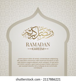 Ramadan Kareem design template with Arabic Islamic Calligraphy. Modern luxury Islamic background with gold ornamental detail of mosaic for Holy Month of Muslim Community, Greeting Card, Eid Mubarak.