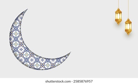 Ramadan Kareem design template with crescent moon. Islamic Eid al-Fitr Mubarak banner background illustration. Translation: "Fasting month of Muslims".