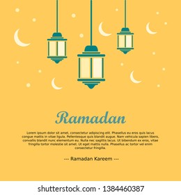 Ramadan kareem with the design of three bright lanterns, ramadan mubarak with orange colored designs and green lanterns
