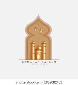 Ramadan Kareem design vector template with crescent moon, mosque and arabic pattern calligraphy. Islamic background template for muslim party, eid adha, mawlid.