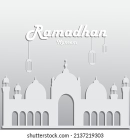 Ramadan Kareem design, white mosque elements and hanging lanterns 
