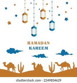 Ramadan kareem dessert scenery background vector with camel an others