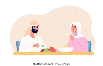 Ramadan kareem dinner. Arab home eat, muslim family eating evening or night. Iftar party, arabic woman man at utter table with meal vector concept