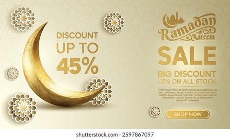 Ramadan Kareem Discount Banner with Crescent Moon and Flower Pattern illustration