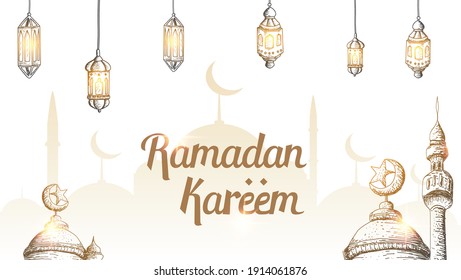 Ramadan Kareem with drawing techniques, lanterns, mosques and line art. Vector illustration