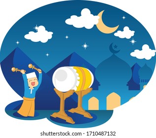 Ramadan kareem, ramadan drummer, islamic and turkish celebration. ramadan drumeer with the mosque and desert on the night vector