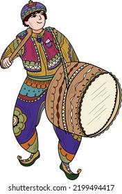 Ramadan kareem. Ramadan drummer, islamic and turkish celebration. Drummer with colorful and traditional motifs in cartoon style