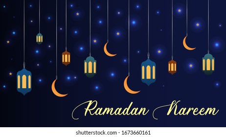 Ramadan kareem eastern lamps moons light blue illustration background