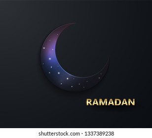 Ramadan Kareem. Effect of the cut paper  night sky with the embossed gold text of Ramadan . Creative design greeting card, banner, poster. Traditional Islamic holy holiday. Vector
