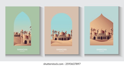 Ramadan Kareem or Eid al fitr poster, holiday cover set. Islamic greeting card, banner template with copy space. Ramadan Kareem Modern design with mosque moon crescent, dune sands, mountains, arches.