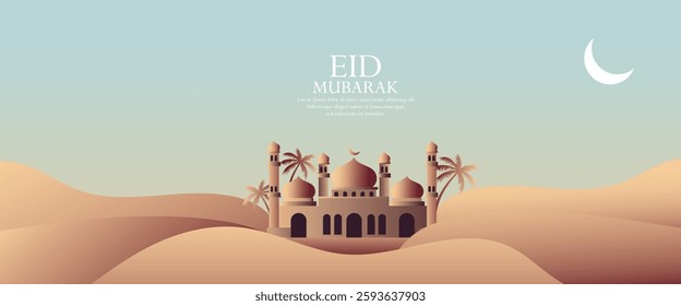 Ramadan Kareem or Eid al fitr poster, holiday cover set. Islamic greeting card, banner template with copy space. Ramadan Kareem Modern design with mosque moon crescent, dune sands, mountains, arches.