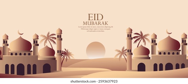 Ramadan Kareem or Eid al fitr poster, holiday cover set. Islamic greeting card, banner template with copy space. Ramadan Kareem Modern design with mosque moon crescent, dune sands, mountains, arches.