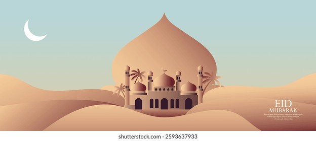 Ramadan Kareem or Eid al fitr poster, holiday cover set. Islamic greeting card, banner template with copy space. Ramadan Kareem Modern design with mosque moon crescent, dune sands, mountains, arches.