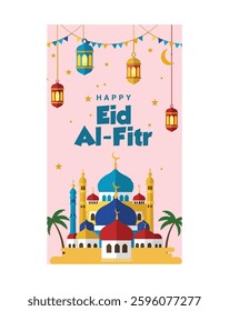 Ramadan Kareem and Eid Al-Fitr posters and banner for stories, cards, holiday covers.Modern design in pastel colors 