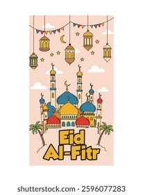 Ramadan Kareem and Eid Al-Fitr posters and banner for stories, cards, holiday covers.Modern design in pastel colors 