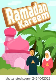 Ramadan Kareem! Eid al-Fitr! Eine Reihe von islamischen Urlaubsvektorillustrationen, flache Designs, Moscheen, Muster und Hintergründe für Plakate, Glückwünsche oder Karten und Verkäufe