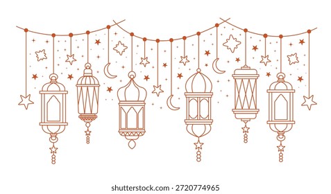 Ramadán Kareem y la frontera de la decoración del Eid con las linternas colgantes