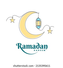 Ramadan Kareem and Eid greeting card templates. Simple design concept with single line drawing of lantern, crescent moon, stars.