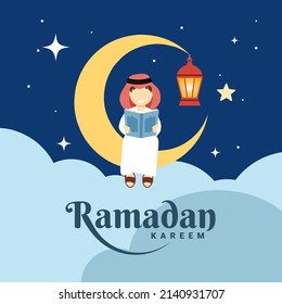 Ramadan Kareem and Eid Greeting Cards. cute boy reading quran on crescent moon, with Moroccan lantern, stars and clouds. vector illustration.