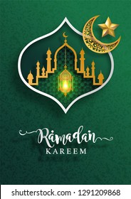 Ramadan Kareem or Eid mubarak 2019 greeting background Islamic with gold patterned and crystals on paper color background.( Translation : Ramadan Kareem ) 