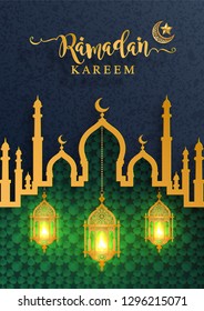 Ramadan Kareem or Eid mubarak 2019 greeting background Islamic with gold patterned and crystals on paper color background.( Translation : Ramadan Kareem ) 