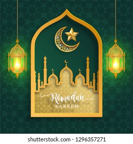Ramadan Kareem o Eid mubarak 2019 saludando antecedentes islámicos con estampados dorados y cristales en el fondo de color de papel.( Traducción: Ramadan Kareem ) 