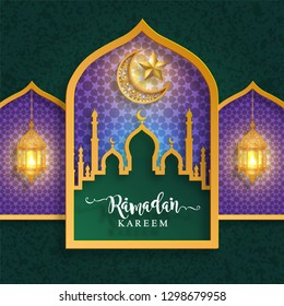 Ramadan Kareem or Eid mubarak 2019 greeting background Islamic with gold patterned and crystals on paper color background.( Translation : Ramadan Kareem ) 