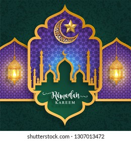 Ramadan Kareem or Eid mubarak 2019 greeting background Islamic with gold patterned and crystals on paper color background.( Translation : Ramadan Kareem ) 
